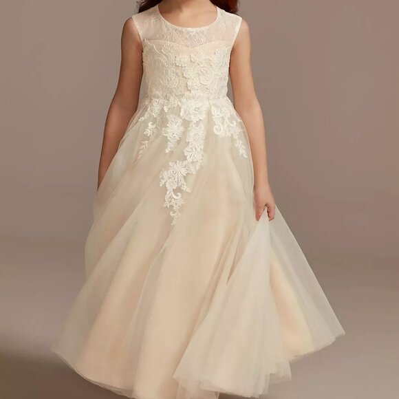 David's Bridal Lace Illusion & Tulle Flower Girl Dress WG1411 Ivory/Champagne 2T - Picture 1 of 12